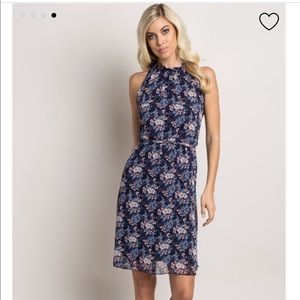 Navy floral chiffon pink blush dress